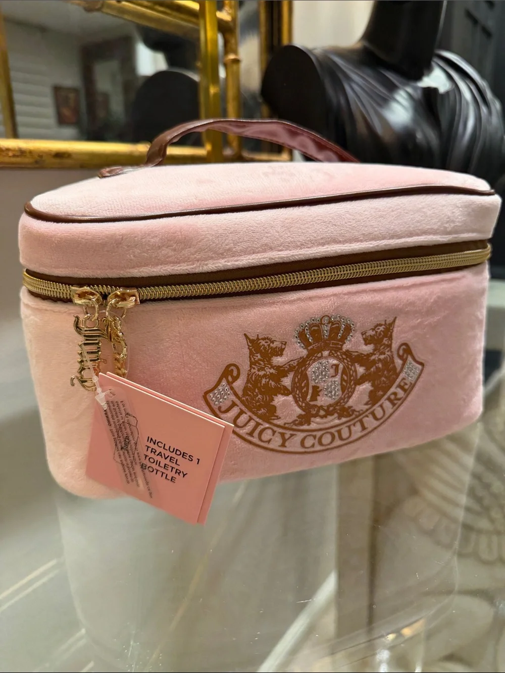 Juicy Couture Light Pink Velour Cosmetic Case with Gold Crest